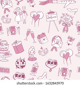 Wedding or Valentine s day seamless pattern vector illustration. Cute doodle texture with bride and groom, wedding cake, love and marriage symbols isolated on white background.