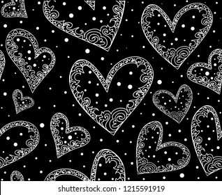 Wedding valentine vector seamless pattern with lacy figured handwritten hearts 