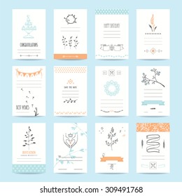 Wedding, Valentine's day, birthday party invitation and greeting cards. Romantic collection of templates with cute hand drawn elements and handwritten texts. Isolated vector set.