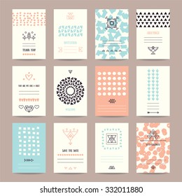 Wedding, Valentine's day, birthday party invitation, greeting cards. Hipster collection of templates with hand drawn textures, brush strokes, trendy thin line icons, geometric signs, tribal symbols.