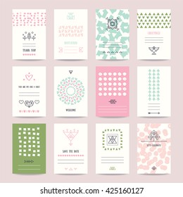 Wedding, Valentine's day, birthday party invitation, greeting cards. Hipster collection of templates with hand drawn textures, brush strokes, trendy thin line icons, geometric signs, tribal symbols.