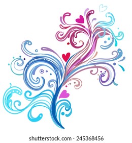 Wedding or Valentine's day card  with swirls and hearts. Greeting postcard.