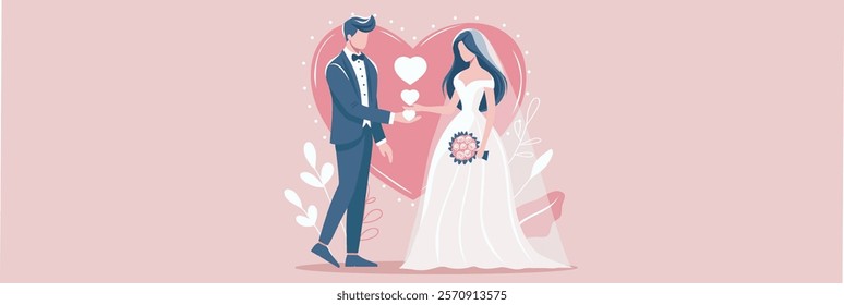 Wedding or Valentine's Day greeting card template in gentle color palette. Man groom and woman bride. Lovers. Flat vector color illustration for poster, web banner, e-card and social media