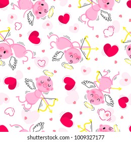 Wedding and Valentines Day day seamless texture with lovely cupids and hearts. Vector illustration.