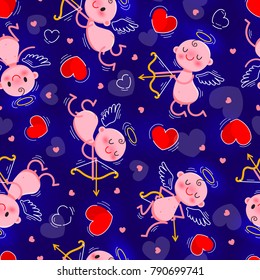 Wedding and Valentines Day day seamless texture with lovely cupids and hearts. Vector illustration.