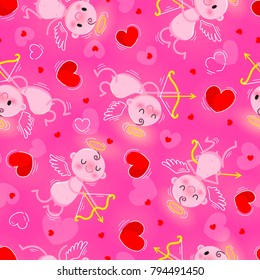Wedding and Valentines Day day seamless texture with lovely cupids and hearts. Vector illustration.
