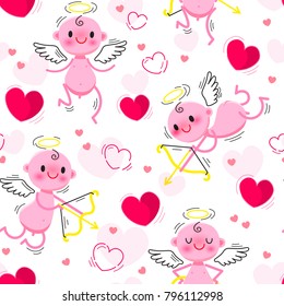 Wedding and Valentines Day day seamless texture with lovely cupids and hearts. Vector illustration.