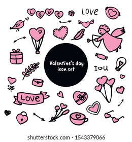 Wedding, valentine's and romantic dates icon set. Collection of hand drawn symbols. Set for card, banner, sticker, invitation