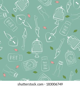 Wedding and Valentines seamless pattern in sentimental soft pastels of roses, hearts and cake symbolic of love and romance