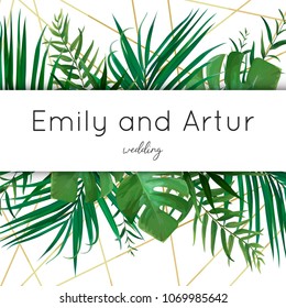 Wedding vector art floral invite, invitation, save the date card design with watercolor tropical forest palm tree green leaves, exotic greenery & elegant golden decoration. Luxury anniversary template