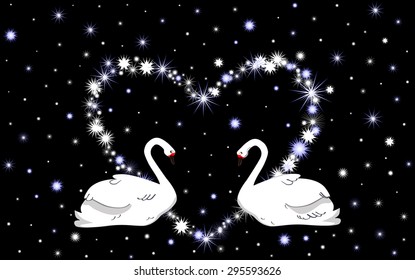 Wedding vector background with white swans and heart