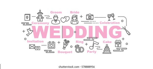 wedding vector banner design concept, flat style with thin line art icons on white background
