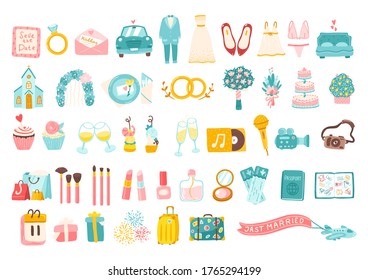 Wedding vector big set of cartoon hand-drawn icons, stickers for planning a holiday. Cute simple illustrations of a wedding dress, costume, flowers and the entire organization of the celebration.