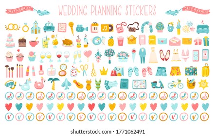 Vector de bodas gran conjunto de íconos dibujados a mano de dibujos animados, pegatinas para planear una festividad. Cuidadas ilustraciones simples de un vestido de novia, disfraces, flores y toda la organización de la celebración.