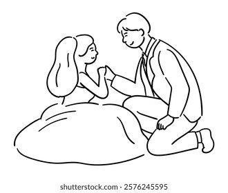 Wedding vector, Bride and groom, The groom is kneeling down, holding the bride's hand