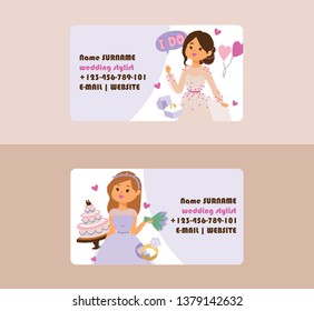 Wedding vector business card bridesmaid woman character in wedding dress wearing bridal dressing accessories illustration backdrop of bride girl celebrating marriage business-card background.