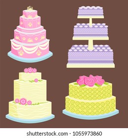Wedding vector cake pie sweets dessert bakery flat simple style baked wedding-day food illustration.
