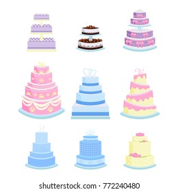 Wedding vector cake pie sweets dessert bakery flat simple style baked wedding-day food illustration.