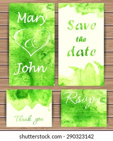 Wedding vector cards with watercolor splash. Hand drawn design for Save The Date, Thank you card, Greeting card, birthday cards, invitations. Wood plank vector background is in the separate layer.