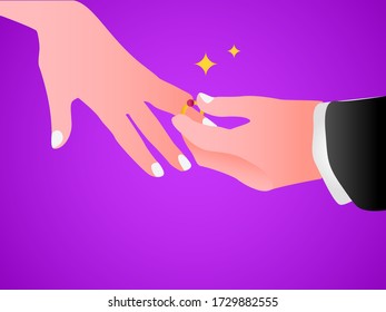 Wedding vector concept: Closeup of hand putting on an engagement ring 