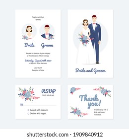 Wedding vector couple portraits with floral. Wedding invitation, thank you, rsvp card. Vector design set, bride and groom on their wedding day. Chic and romantic card