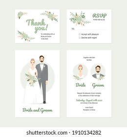 Wedding vector couple portraits with floral. Wedding invitation, thank you, rsvp card. Vector design set, bride and groom on their wedding day. Chic and romantic card