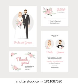 Wedding vector couples portraits with floral. Wedding invitation, thank you, rsvp card. Vector design set, bride and groom on their wedding day. Chic and romantic card