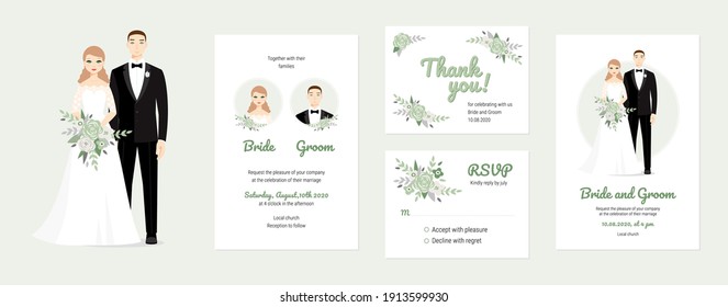 Wedding vector couples portraits with floral. Wedding invitation, thank you, rsvp card. Vector design set, bride and groom on their wedding day. Chic and romantic card