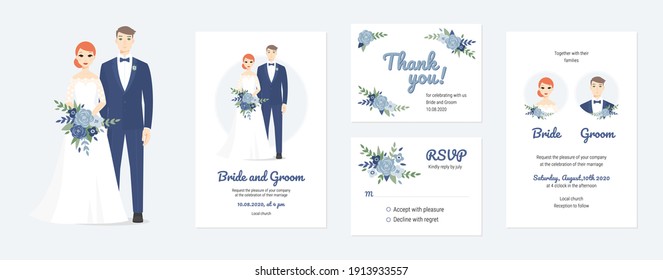 Wedding vector couples portraits with floral. Wedding invitation, thank you, rsvp card. Vector design set, bride and groom on their wedding day. Chic and romantic card