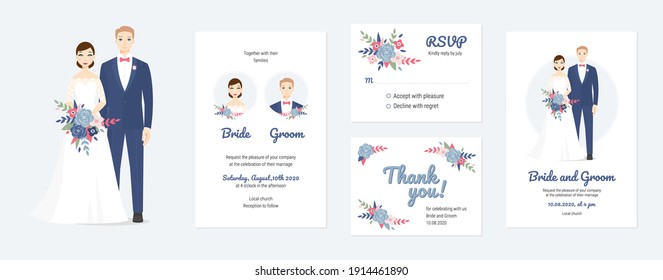 Wedding vector couples portraits with floral. Wedding invitation, thank you, rsvp card. Vector design set, bride and groom on their wedding day. Chic and romantic card