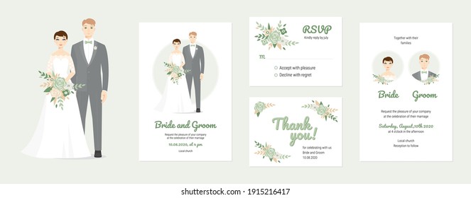 Wedding vector couples portraits with floral. Wedding invitation, thank you, rsvp card. Vector design set, bride and groom on their wedding day. Chic and romantic card