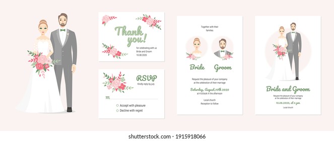 Wedding vector couples portraits with floral. Wedding invitation, thank you, rsvp card. Vector design set, bride and groom on their wedding day. Chic and romantic card