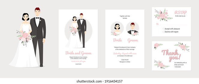 Wedding vector couples portraits with floral. Wedding invitation, thank you, rsvp card. Vector design set, bride and groom on their wedding day. Chic and romantic card