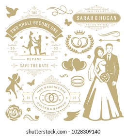 Wedding vector design elements and objects set. Vintage save the date labels and badges, decoration ornaments and icons.