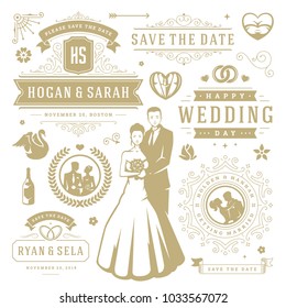 Wedding vector design elements and objects set. Vintage save the date labels and badges, decoration ornaments and icons.