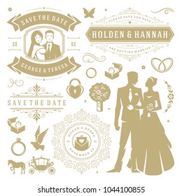 Wedding vector design elements and objects set. Vintage save the date labels and badges, decoration ornaments and icons.