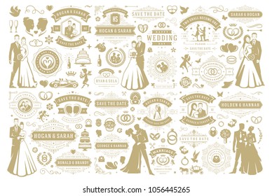 Wedding vector design elements and objects set. Vintage save the date labels and badges, decoration ornaments and icons.