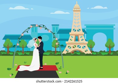 Wedding vector design. Happy newlywed embracing each other while standing with Eiffel tower background