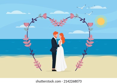 Wedding vector design. Newlywed embracing each other while standing on the beach