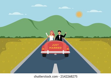 Wedding vector design. Newlywed smiling at the camera while driving a car on the road with mountain background