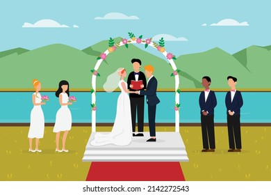 Wedding vector design. Young couple having married while standing with priest at the park