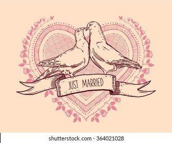 Wedding. Vector doves. Heart and roses. Ribbon