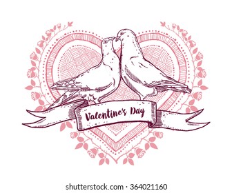 Wedding. Vector doves. Heart and roses. Ribbon