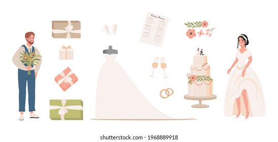 Wedding vector flat illustration. Groom with bouquet, bride in white wedding dress, wedding planning, marriage rings, wedding cake decorated with flowers and leaves, gift boxes, champagne glasses.