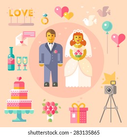 Wedding vector flat illustration, happy newlyweds on an important event. The bride and groom characters