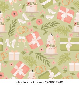 Wedding vector flat seamless pattern. Cute bride white shoes, gift boxes, wedding cake, wedding rings, champagne glasses decorated with green leaves and pink flowers. Marriage backdrop design.