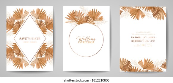 Wedding vector floral invitation, botanical Save the Date dry Palm tropical leaves, watercolor pampas grass simple card set, minimal template vector. Golden foliage frame modern poster design, luxury