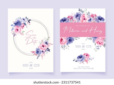 Wedding vector floral invitation, invite invitation thank you, rsvp card watercolor design set: garden flower pink blue lilac peach Rose