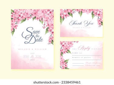 Wedding vector floral invitation, invite invitation thank you, rsvp card watercolor design set: garden flower pink hydrangea flowers