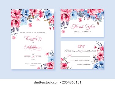 Wedding vector floral invitation, invite invitation thank you, rsvp card watercolor design set: garden flower pink blue lilac peach Rose